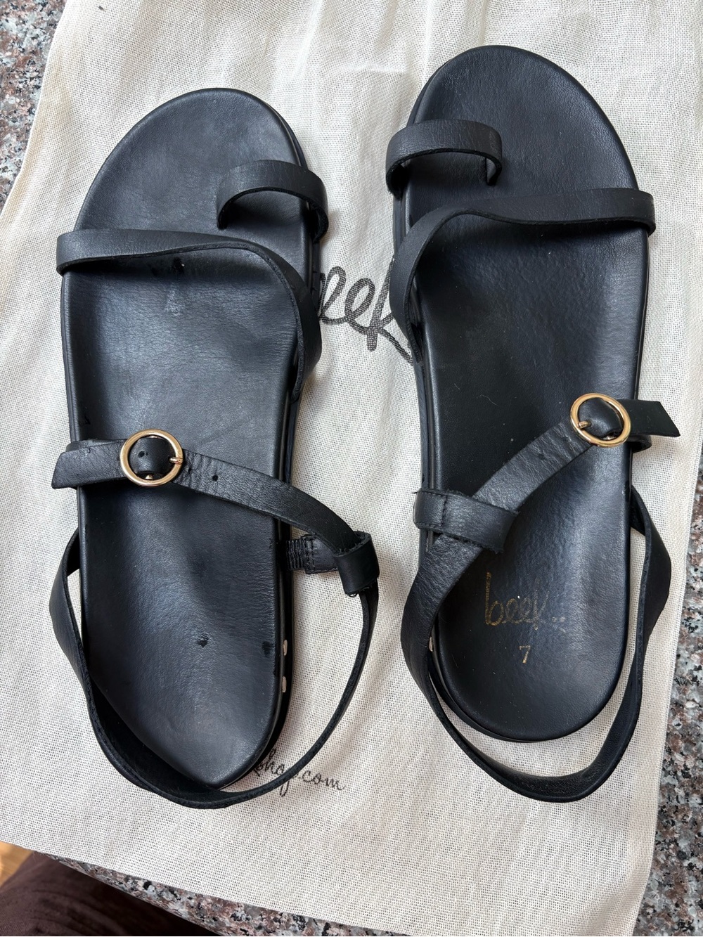 beek Black Leather Strappy Sandals with Gold Buckles